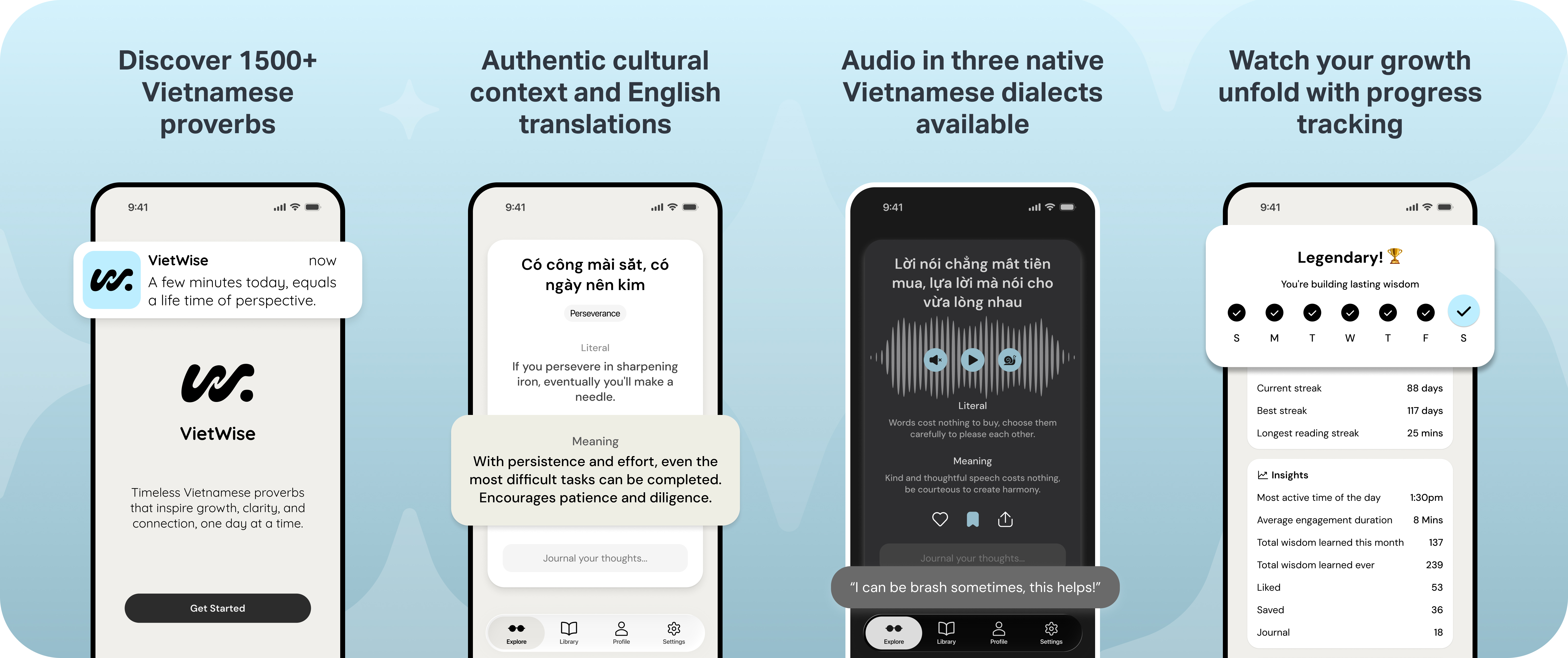 VietWise App Features - Discover Vietnamese proverbs, audio in native dialects, and progress tracking